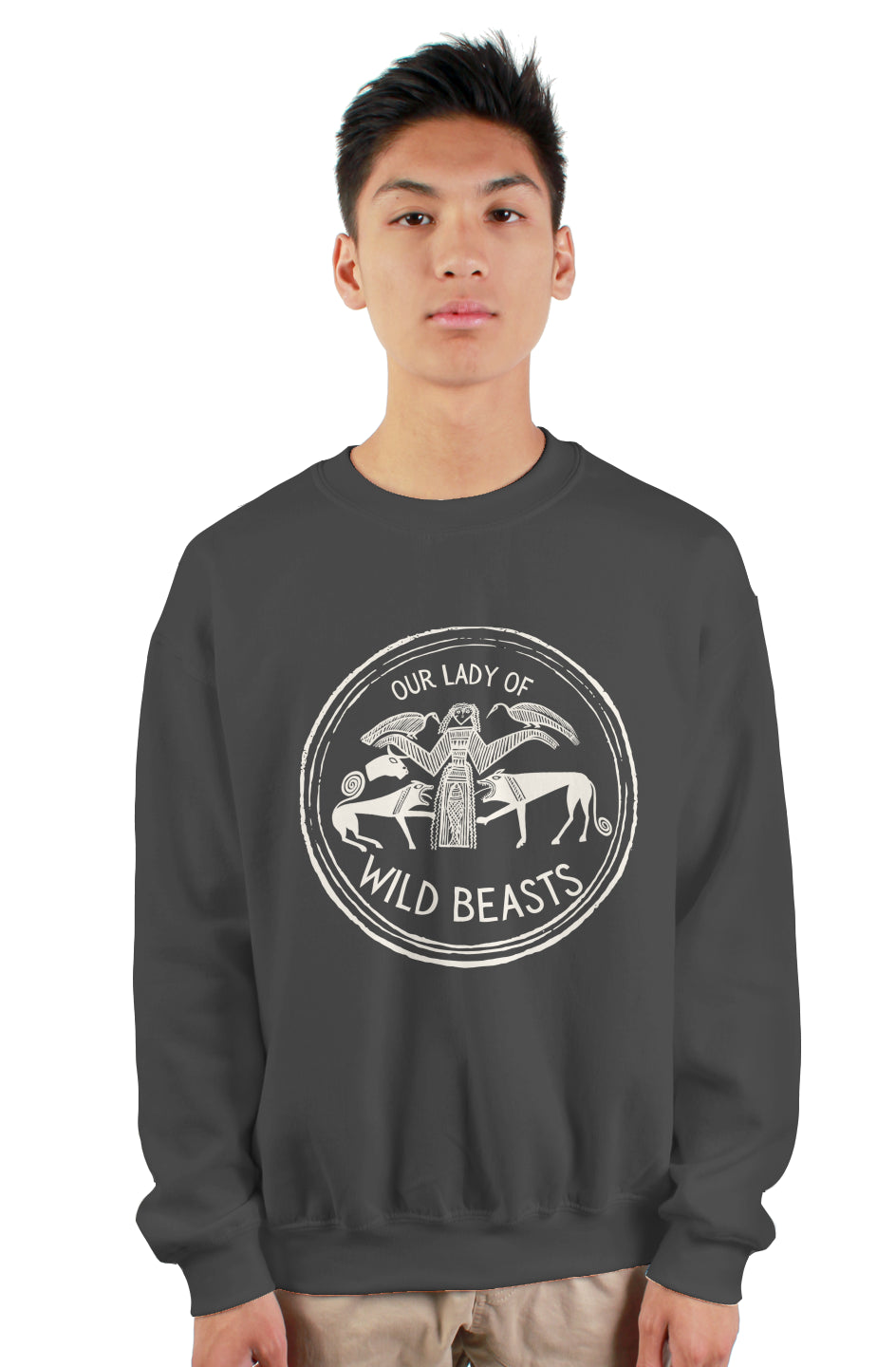 our lady of wild beasts heavy crewneck sweatshirt